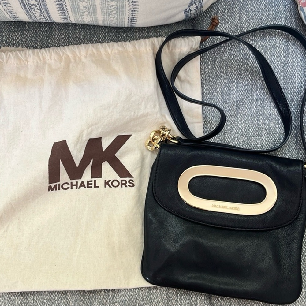 Michael Kors Black Leather Crossbody Bag Gold Hardware